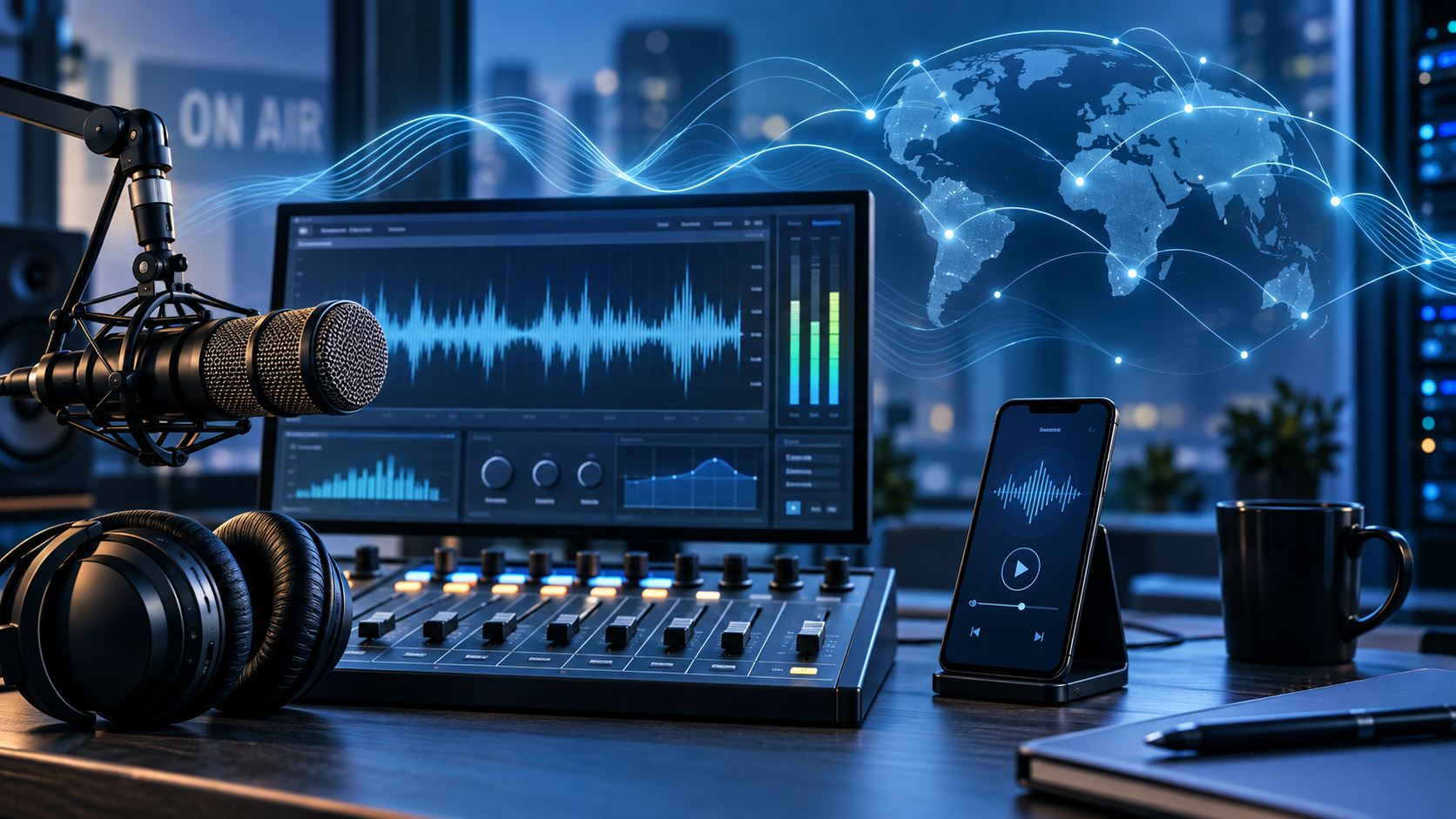 Estudio de radio con micrófono, consola, notebook, auriculares y streaming en un celular